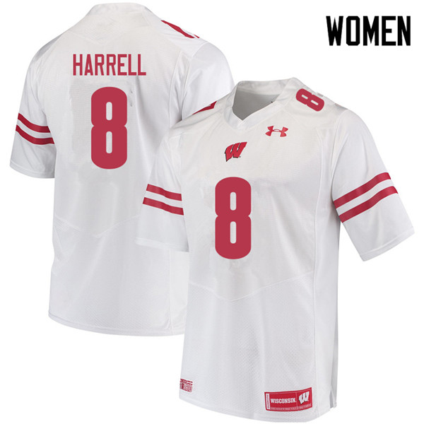 Women #8 Deron Harrell Wisconsin Badgers College Football Jerseys Sale-White